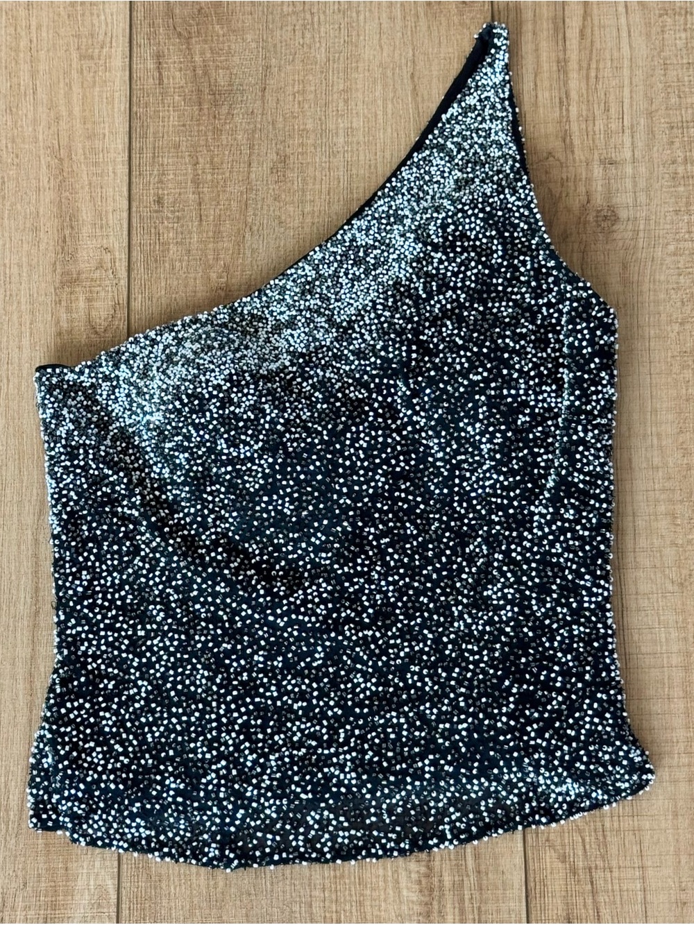 Vintage Scala Beaded One Shoulder Silk Top Black Silver XS Y2K Glam
